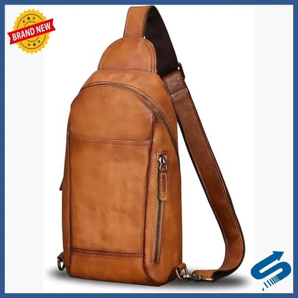 Genuine Leather Sling Backpack Crossbody Bag Adjustable Shoulder Strap Vintage